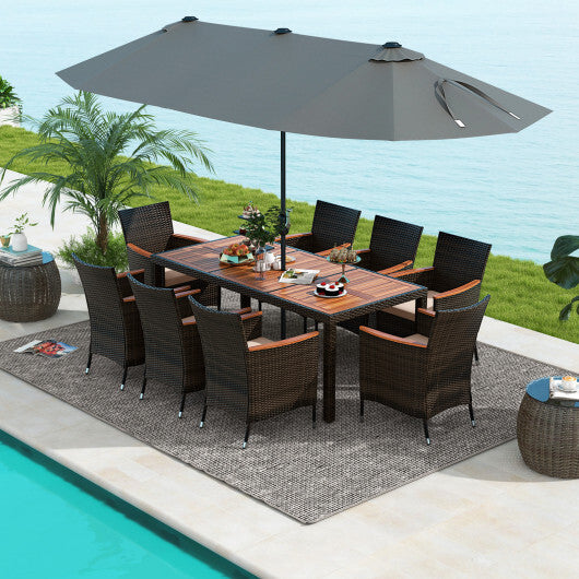 10 Piece Outdoor Dining Set with 15 Feet Double-Sided Twin Patio Umbrella-Gray - Color: Gray
