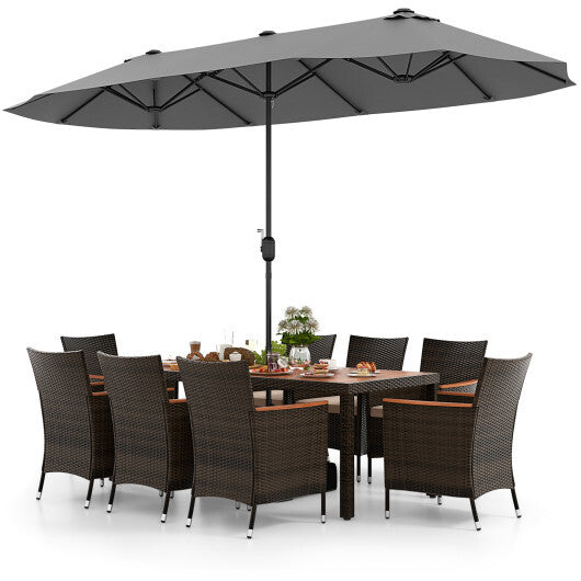 10 Piece Outdoor Dining Set with 15 Feet Double-Sided Twin Patio Umbrella-Gray - Color: Gray