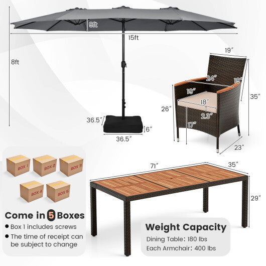 10 Piece Outdoor Dining Set with 15 Feet Double-Sided Twin Patio Umbrella-Gray - Color: Gray
