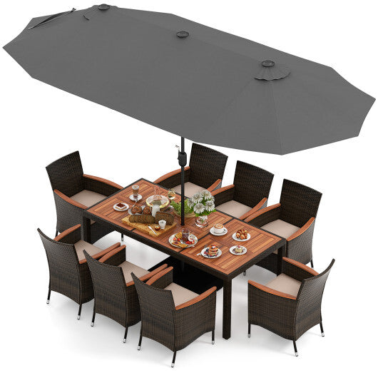 10 Piece Outdoor Dining Set with 15 Feet Double-Sided Twin Patio Umbrella-Gray - Color: Gray