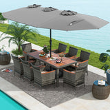 10 Pieces Patio Wicker Dining Set with 15 Feet Double-Sided Patio Umbrella-Gray - Color: Gray