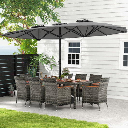 10 Pieces Patio Wicker Dining Set with 15 Feet Double-Sided Patio Umbrella-Gray - Color: Gray