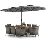 10 Pieces Patio Wicker Dining Set with 15 Feet Double-Sided Patio Umbrella-Gray - Color: Gray