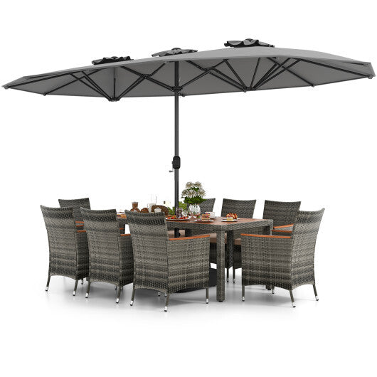 10 Pieces Patio Wicker Dining Set with 15 Feet Double-Sided Patio Umbrella-Gray - Color: Gray