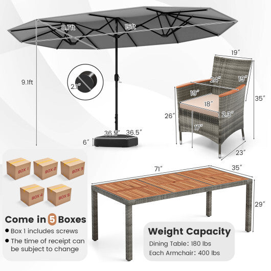 10 Pieces Patio Wicker Dining Set with 15 Feet Double-Sided Patio Umbrella-Gray - Color: Gray