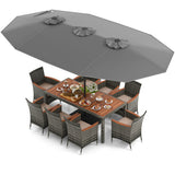 10 Pieces Patio Wicker Dining Set with 15 Feet Double-Sided Patio Umbrella-Gray - Color: Gray