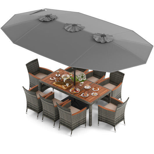 10 Pieces Patio Wicker Dining Set with 15 Feet Double-Sided Patio Umbrella-Gray - Color: Gray
