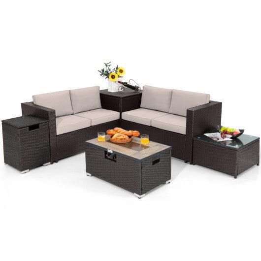 6 Pieces Outdoor Wicker Furniture Set with 32 Inch Propane Fire Pit Table-Beige - Color: Light Brown