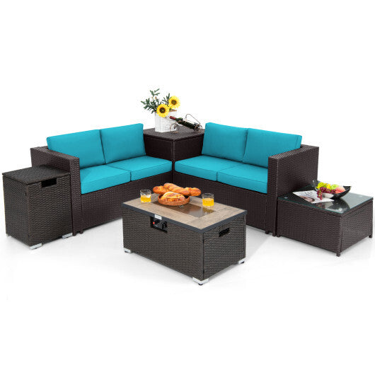 6 Pieces Outdoor Wicker Furniture Set with 32 Inch Propane Fire Pit Table-Turquoise - Color: Turquoise