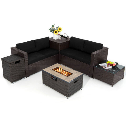6 Pieces Outdoor Wicker Furniture Set with 32 Inch Propane Fire Pit Table-Black - Color: Black