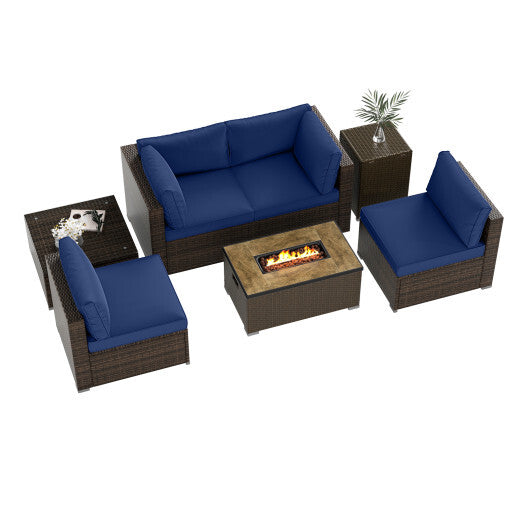 7 Pieces Outdoor Furniture Set with 32 Inch Fire Pit Table and Propane Tank Cover-Navy - Color: Navy