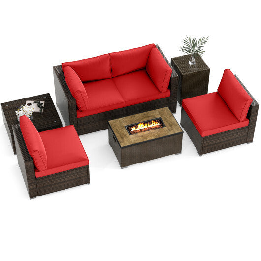 7 Pieces Outdoor Furniture Set with 32 Inch Fire Pit Table and Propane Tank Cover-Red - Color: Red