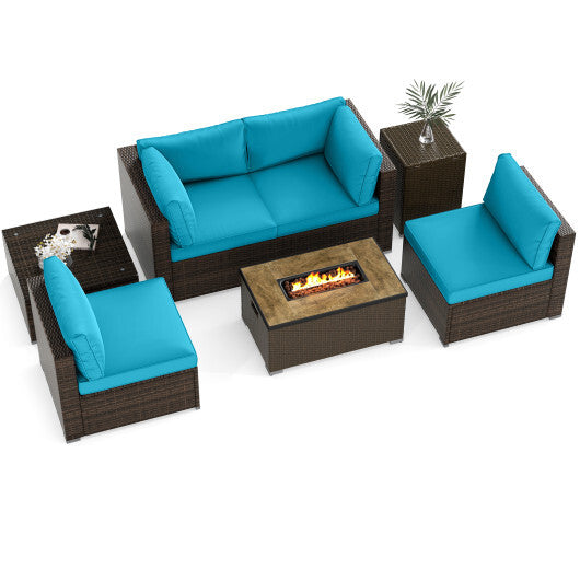 7 Pieces Outdoor Furniture Set with 32 Inch Fire Pit Table and Propane Tank Cover-Turquoise - Color: Turquoise