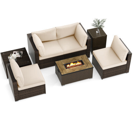 7 Pieces Outdoor Furniture Set with 32 Inch Fire Pit Table and Propane Tank Cover-White - Color: White