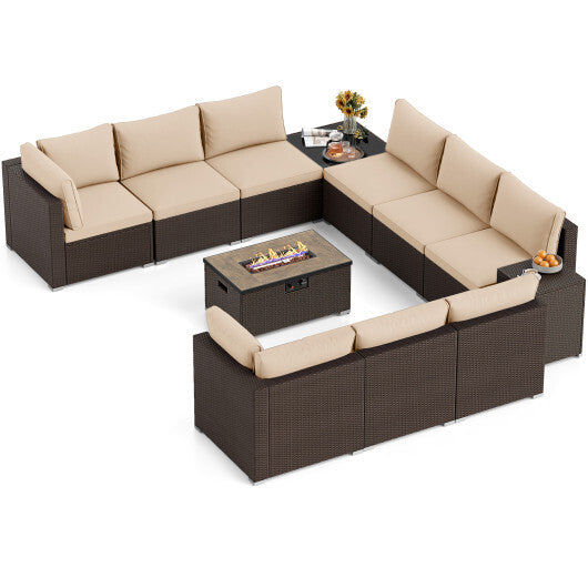Outdoor PE Rattan Conversation Set with 32" Propane Fire Pit Table and Tank Holder-Beige - Color: Beige