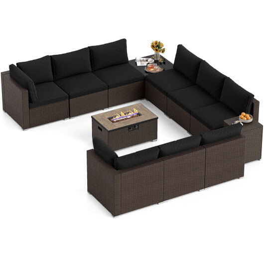 Outdoor PE Rattan Conversation Set with 32" Propane Fire Pit Table and Tank Holder-Black - Color: Black