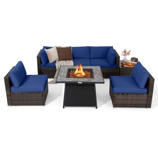 7 Pieces Patio Furniture Set with 35 Inches 50000 BTU Propane Gas Fire Pit Table and Waterproof Cover for Firpit-Navy - Color: Navy
