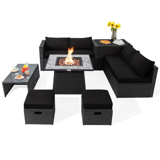 9 Pieces Outdoor Wicker Sectional with 35 Inch Gas Fire Pit Table-Black - Color: Black