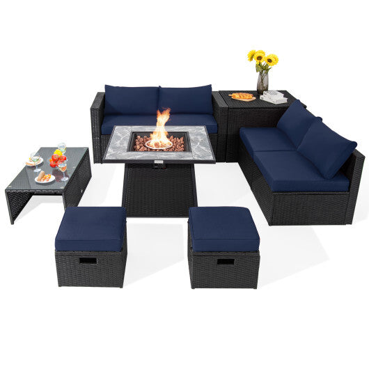 9 Pieces Outdoor Wicker Sectional with 35 Inch Gas Fire Pit Table-Navy - Color: Navy