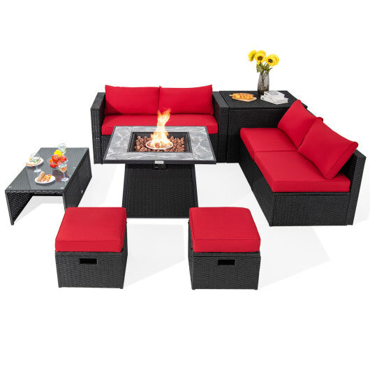9 Pieces Outdoor Wicker Sectional with 35 Inch Gas Fire Pit Table-Red - Color: Red