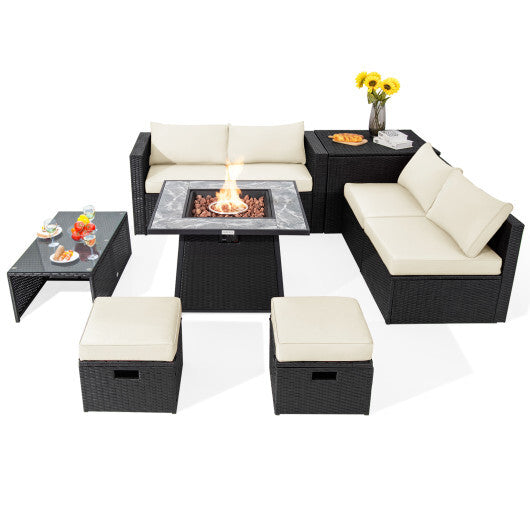 9 Pieces Outdoor Wicker Sectional with 35 Inch Gas Fire Pit Table-White - Color: Off White