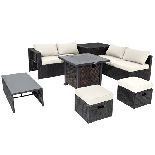 9 Pieces Patio Furniture Set with 32" Fire Pit Table and 50000 BTU Square Propane Fire Pit-White - Color: White