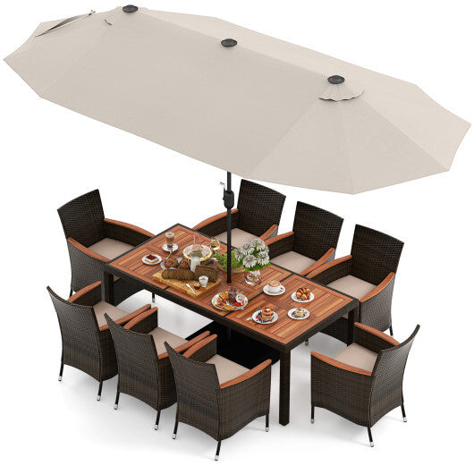 11 Pieces Patio Dining Set with 15 Feet Double-Sided Patio Umbrella and Base-Orange