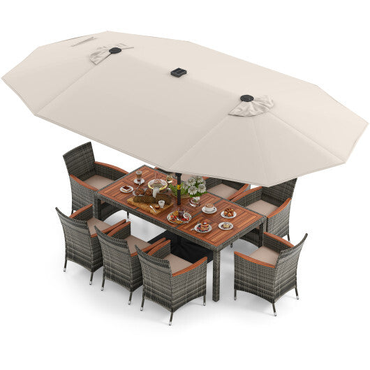 11 Pieces Patio Dining Set with 15 Feet Double-Sided Patio Umbrella Base Included-Beige - Color: Beige - Size: 15 ft
