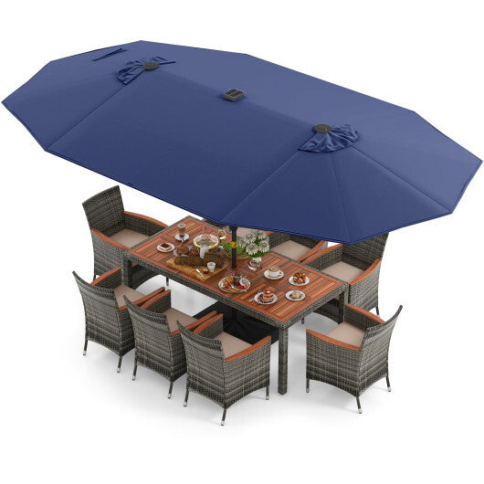 11 Pieces Patio Dining Set with 15 Feet Double-Sided Patio Umbrella Base Included-Navy - Color: Navy - Size: 15 ft