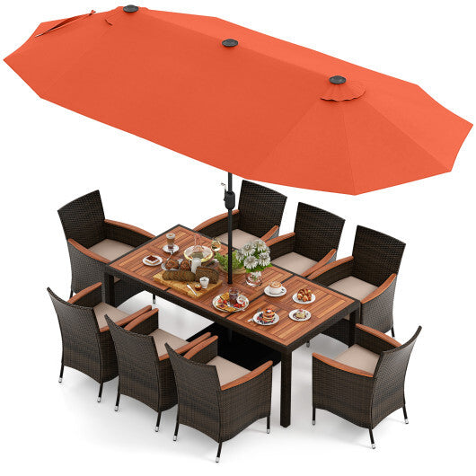 11 Pieces Patio Dining Set with 15 Feet Double-Sided Patio Umbrella and Base-Orange - Color: Orange