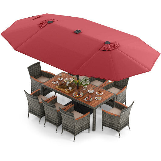 11 Pieces Patio Dining Set with 15 Feet Double-Sided Patio Umbrella Base Included-Wine - Color: Wine - Size: 15 ft