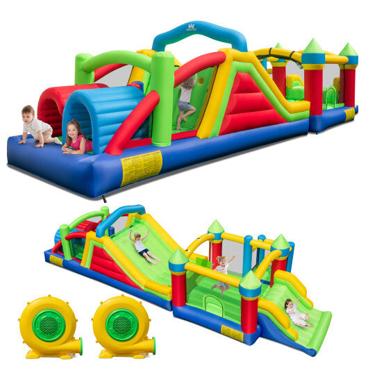 Inflatable Obstacle Course Bounce House with Dual Slides with 2 680W Blower - Color: Multicolor