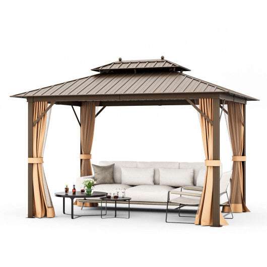 10x13ft Double-Roof Patio Hardtop Gazebo with Galvanized Steel Roof Netting and Curtains-Coffee - Color: Coffee