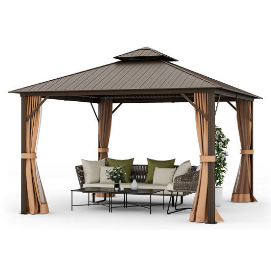 12 x 12 Feet Double-Roof Patio Hardtop Gazebo with Galvanized Steel Roof Netting and Curtains-Coffee - Color: Coffee