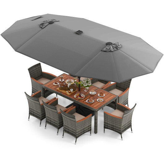 11 Pieces Patio Dining Set with 15 Feet Double-Sided Patio Umbrella Base Included-Gray - Color: Gray - Size: 15 ft