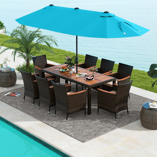 10 Piece Outdoor Dining Set with 15 Feet Double-Sided Twin Patio Umbrella-Turquoise - Color: Turquoise