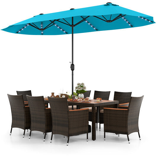 10 Piece Outdoor Dining Set with 15 Feet Double-Sided Twin Patio Umbrella-Turquoise - Color: Turquoise