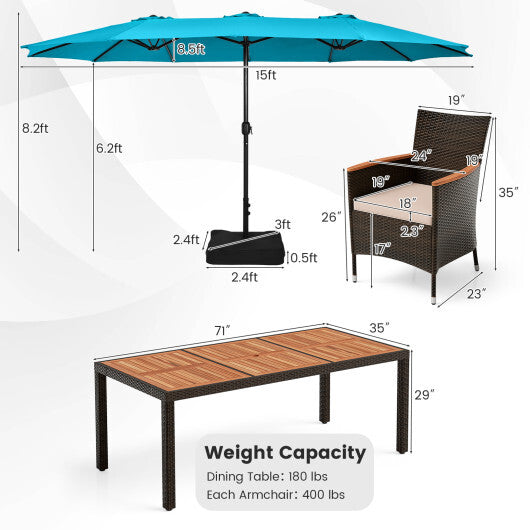 10 Piece Outdoor Dining Set with 15 Feet Double-Sided Twin Patio Umbrella-Turquoise - Color: Turquoise