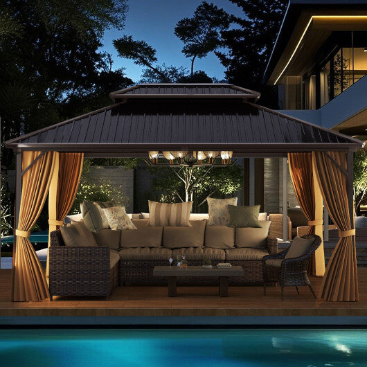 16 x 12 Feet Hardtop Gazebo Aluminum Frame Permanent Pavilion with Curtains and Netting-Coffee - Color: Coffee