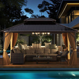 16 x 12 Feet Hardtop Gazebo Aluminum Frame Permanent Pavilion with Curtains and Netting-Coffee - Color: Coffee