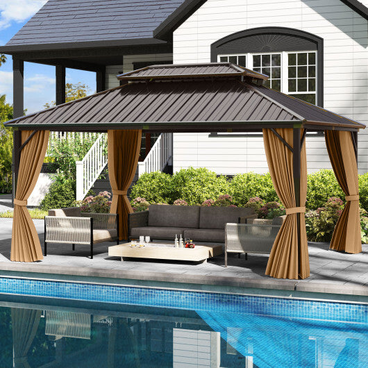 16 x 12 Feet Hardtop Gazebo Aluminum Frame Permanent Pavilion with Curtains and Netting-Coffee - Color: Coffee