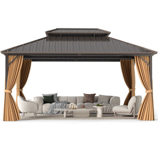 16 x 12 Feet Hardtop Gazebo Aluminum Frame Permanent Pavilion with Curtains and Netting-Coffee - Color: Coffee