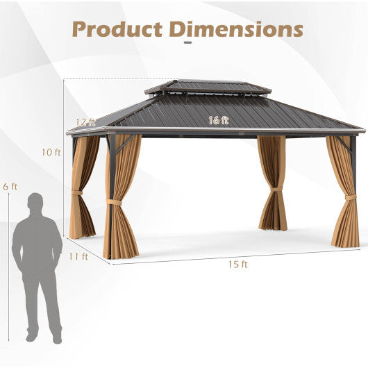 16 x 12 Feet Hardtop Gazebo Aluminum Frame Permanent Pavilion with Curtains and Netting-Coffee - Color: Coffee