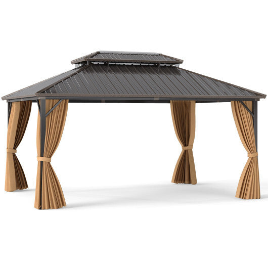 16 x 12 Feet Hardtop Gazebo Aluminum Frame Permanent Pavilion with Curtains and Netting-Coffee - Color: Coffee