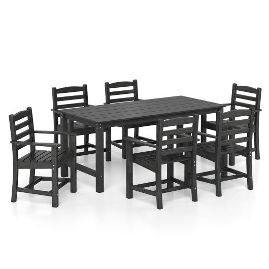 7 Pieces Outdoor Dining Table Set for 6 People 67 Inch HDPE Patio Rectangle Table and 6 Armchairs-Black - Color: Black