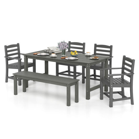 6 Pieces Patio Dining Bench Set Outdoor HDPE Weather Resistant Table and Chairs Set-Grey - Color: Gray