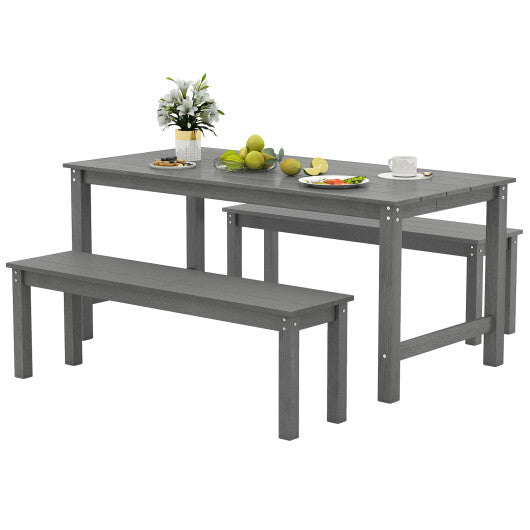 3 Pieces Outdoor Dining Table Set with 2 Benches-Gray - Color: Gray