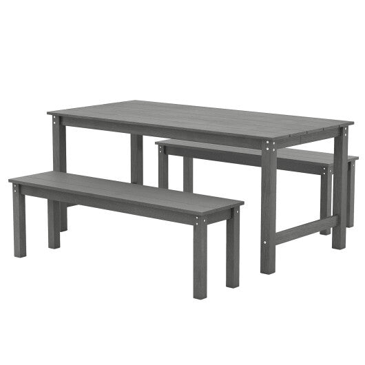 3 Pieces Outdoor Dining Table Set with 2 Benches-Gray - Color: Gray