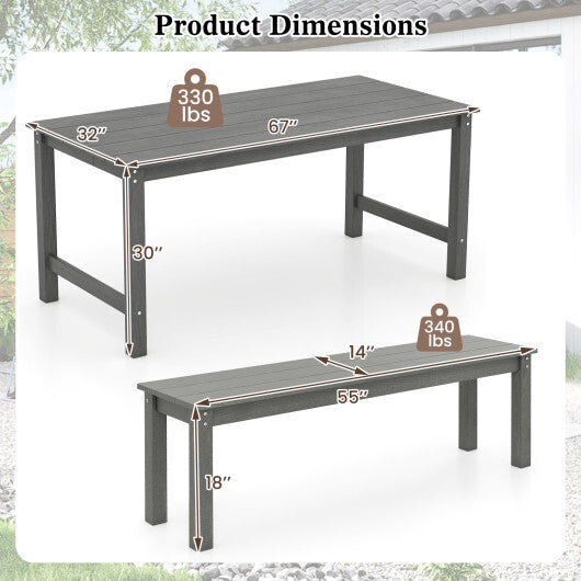 3 Pieces Outdoor Dining Table Set with 2 Benches-Gray - Color: Gray
