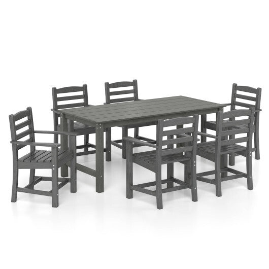 7 Pieces Outdoor Dining Table Set for 6 People 67 Inch HDPE Patio Rectangle Table and 6 Armchairs-Gray - Color: Gray